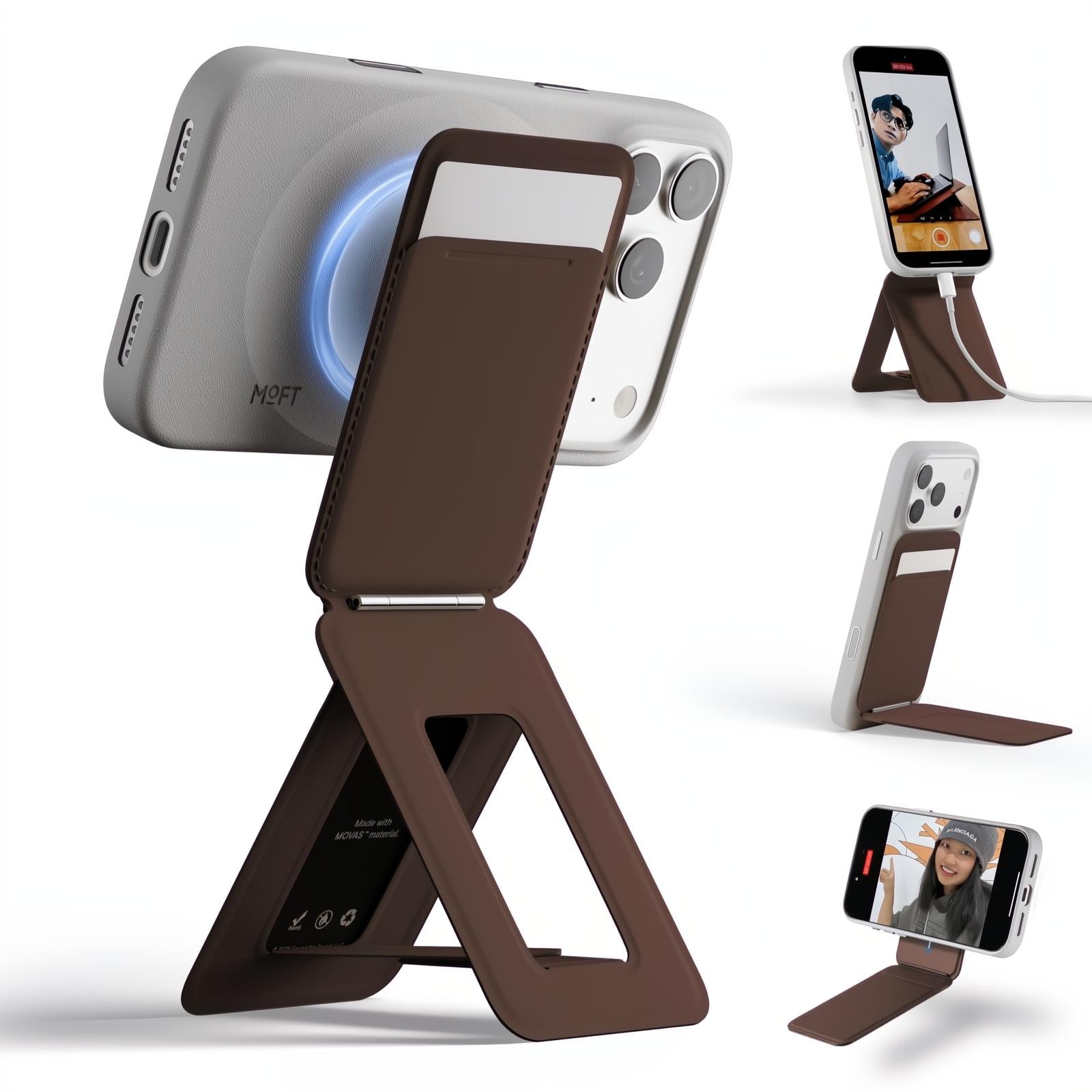 MOFT Phone Tripod Stand Selfie Stick for iPhone, Multi-Angles iPhone Stand, Lightweight & Portable Phone Holder, Strong Magnets, MOVAS Vegan Leather, Travel Essentials, Jet Black (Without Card Slot)